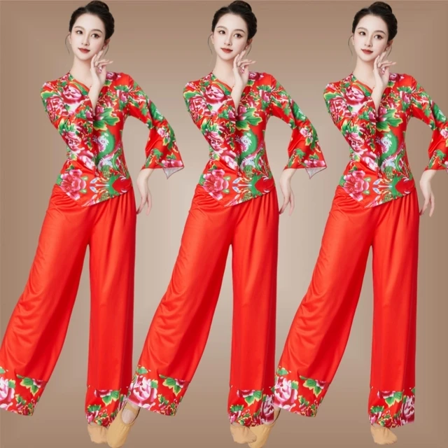 广场舞服装新款喇叭袖上衣秧歌服东北大花布衣服扇子舞演出服