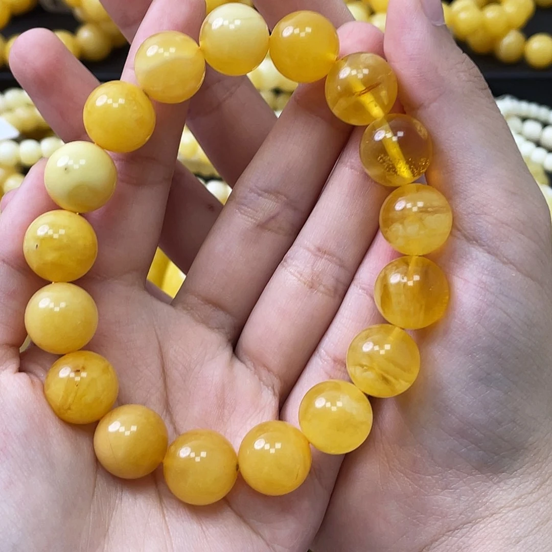 蜜蜡未镶嵌珠宝奇石义****心瑕圆珠手串13mm+