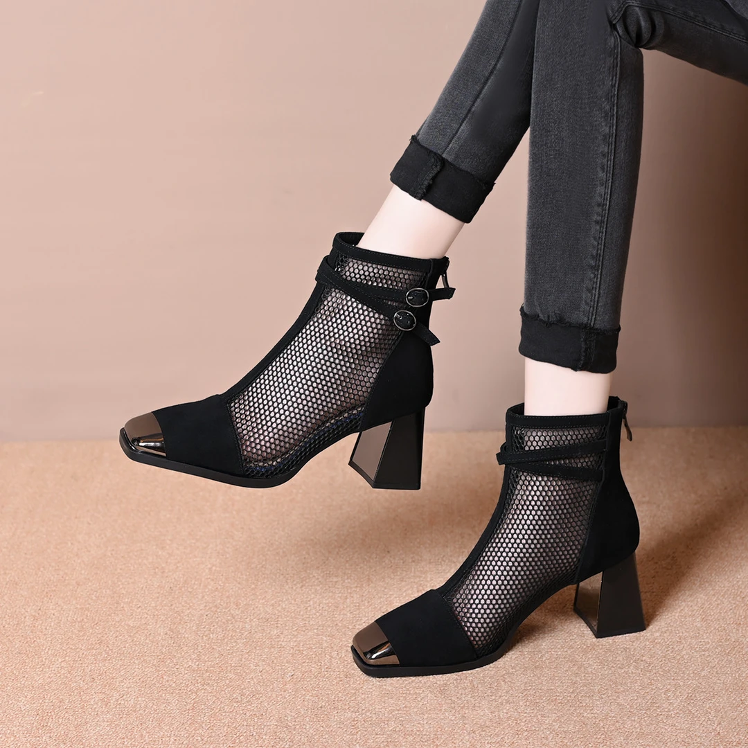 2025新款凉鞋女款夏季马丁靴高跟网靴网纱镂空短靴磨砂女鞋凉靴子