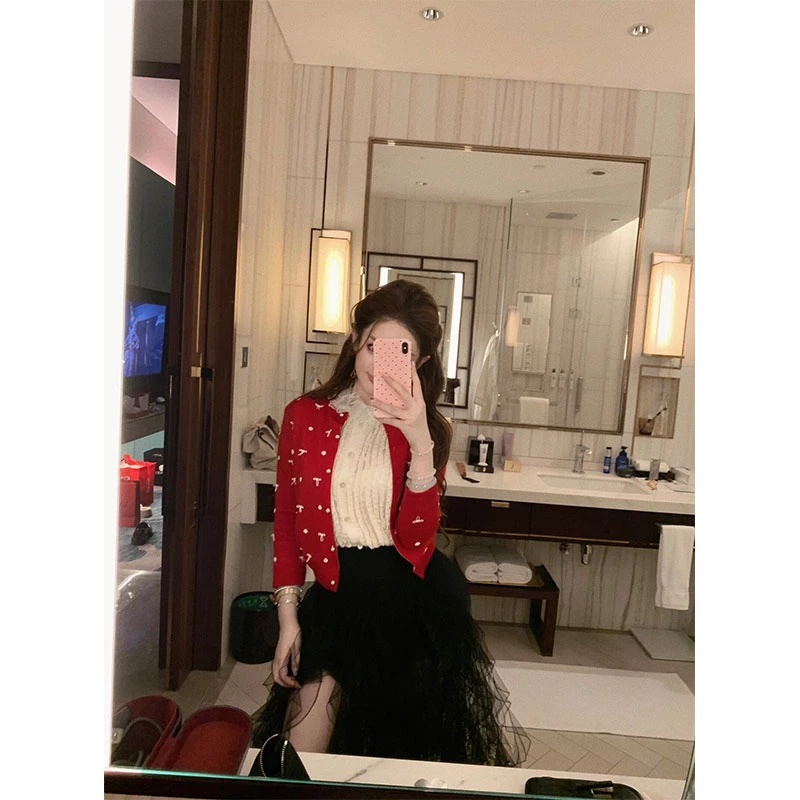 法式钉珠蝴蝶结圆领针织衫外套内搭雪纺衫短袖上衣半身裙时尚套装