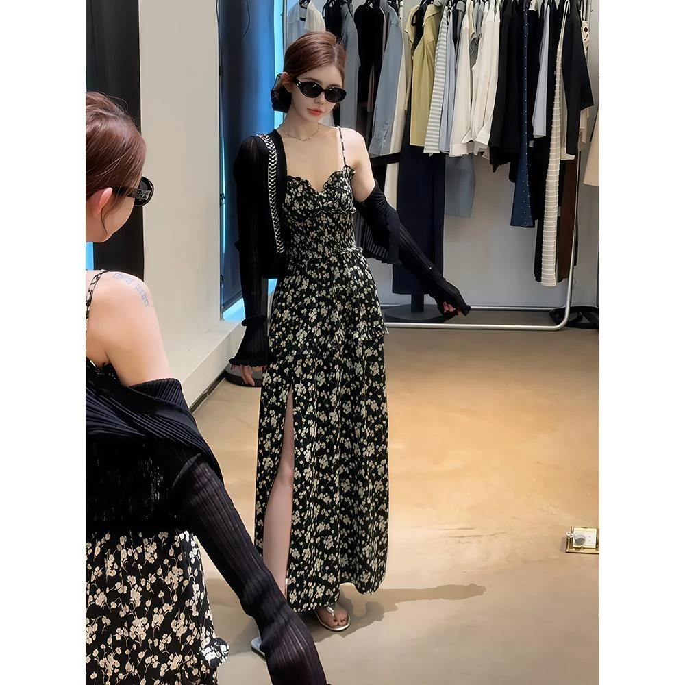 【春意盎然】开衩碎花连衣裙法式纯欲吊带裙显瘦露背长裙+开衫套装