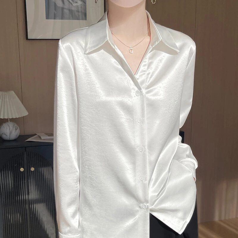 常规纽扣纯色时尚显瘦叠穿白衬衫轻熟白色V领轻奢宽松长袖气质