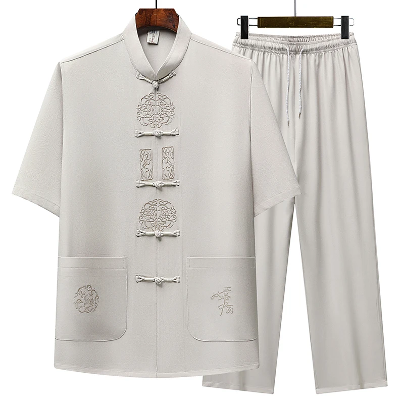 爸爸夏装套装中老年人男装夏季短袖薄款男士唐装中国风休闲爷爷装