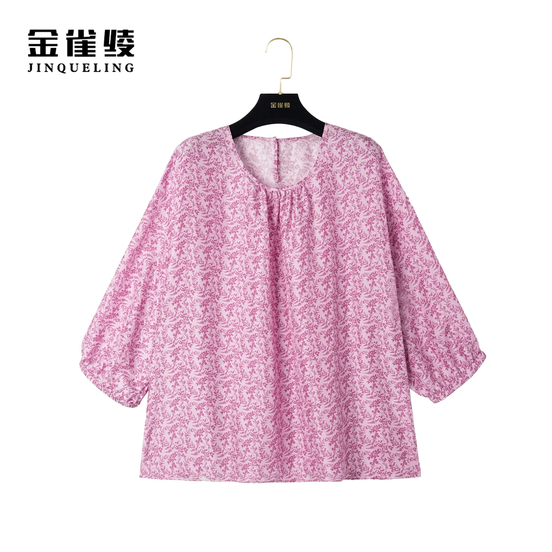 金雀绫【樱花雨】100桑蚕丝碎花宽松圆领春夏衬衫AS6063