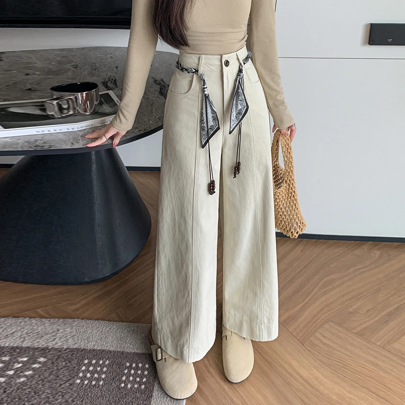 2025秋新天丝棉高腰显瘦设计感腰带高腰长裤宽松阔腿休闲裤女