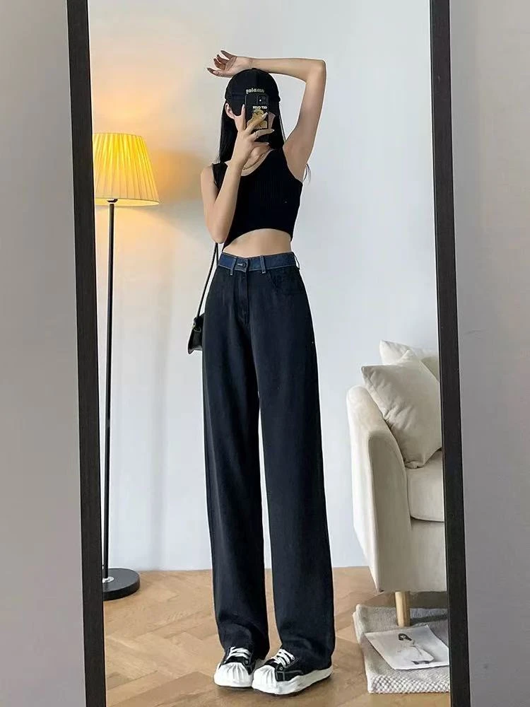 375 GZB3牛仔裤女2023年夏季新款高腰显瘦撞色垂感拖地阔腿裤子