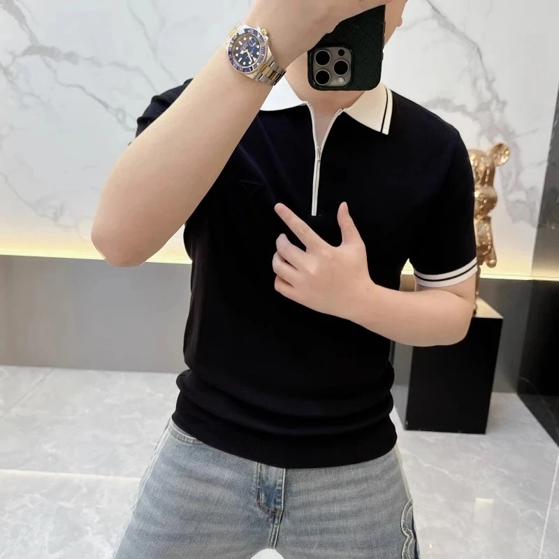 欧货轻奢高品质短袖T恤男针织冰丝POLO衫翻领纯色半袖男士057