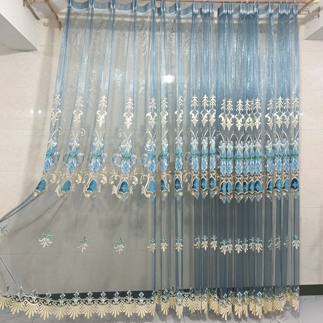 089蓝色刺绣花纱客厅卧室阳台窗帘纱帘