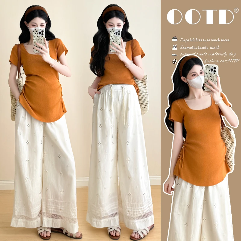 【嗒嗒】2025新款夏季孕妇套装休闲绳款短袖上衣+阔腿裤两件套大码