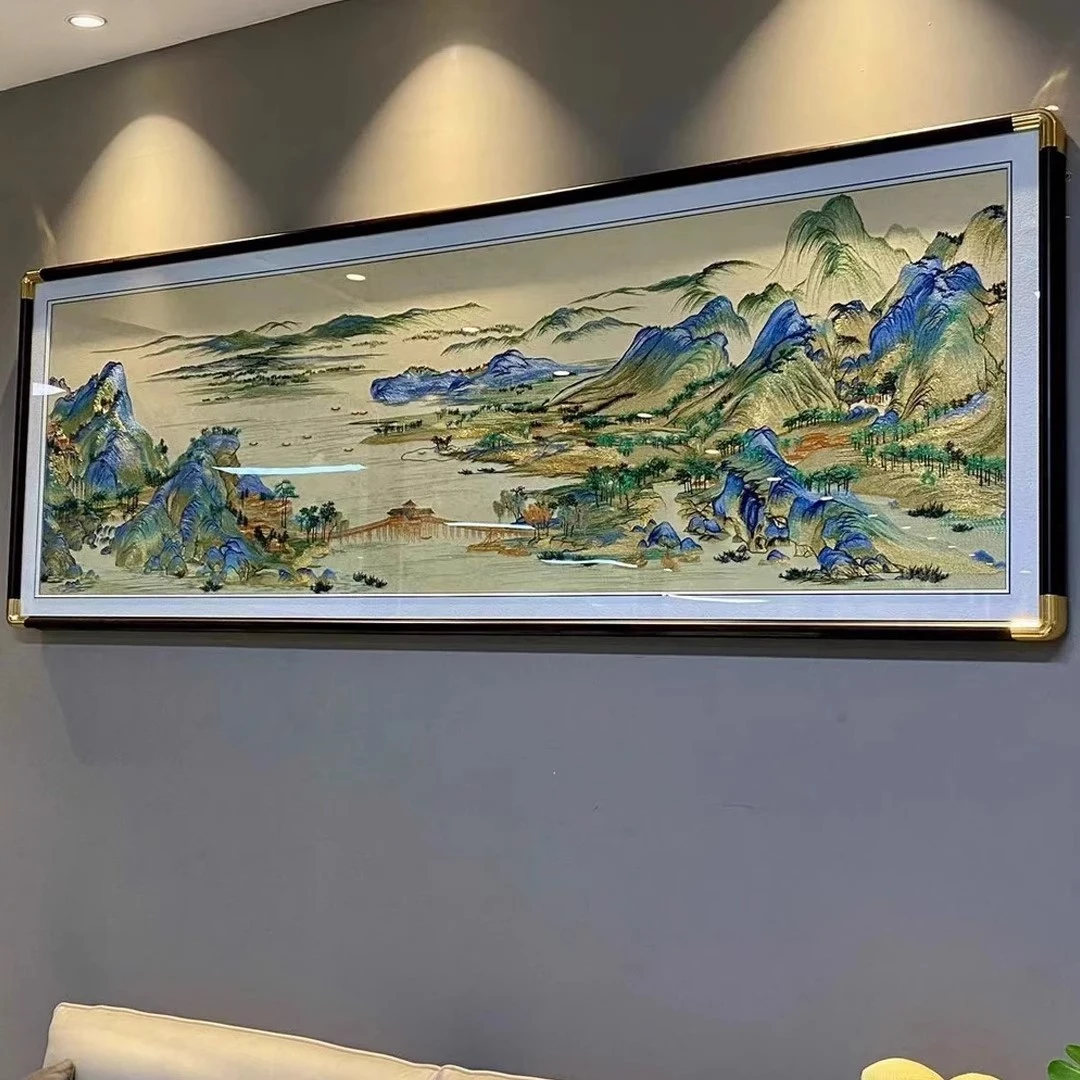 新中式山水刺绣千里江山图满绣版本织锦绣沙发背景墙挂画85225