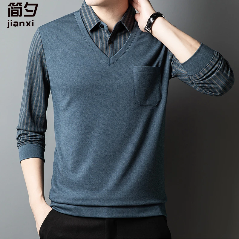 真口袋爸爸装春秋新款翻领长袖T恤中老年男装大码假两件打底衫男