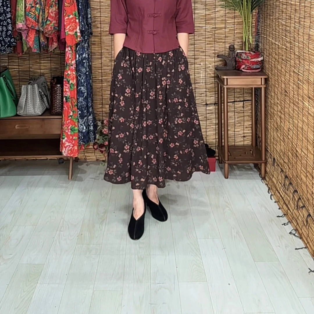 夏季新款印花双层纱棉质半身裙文艺气质高腰中长款大摆裙2417
