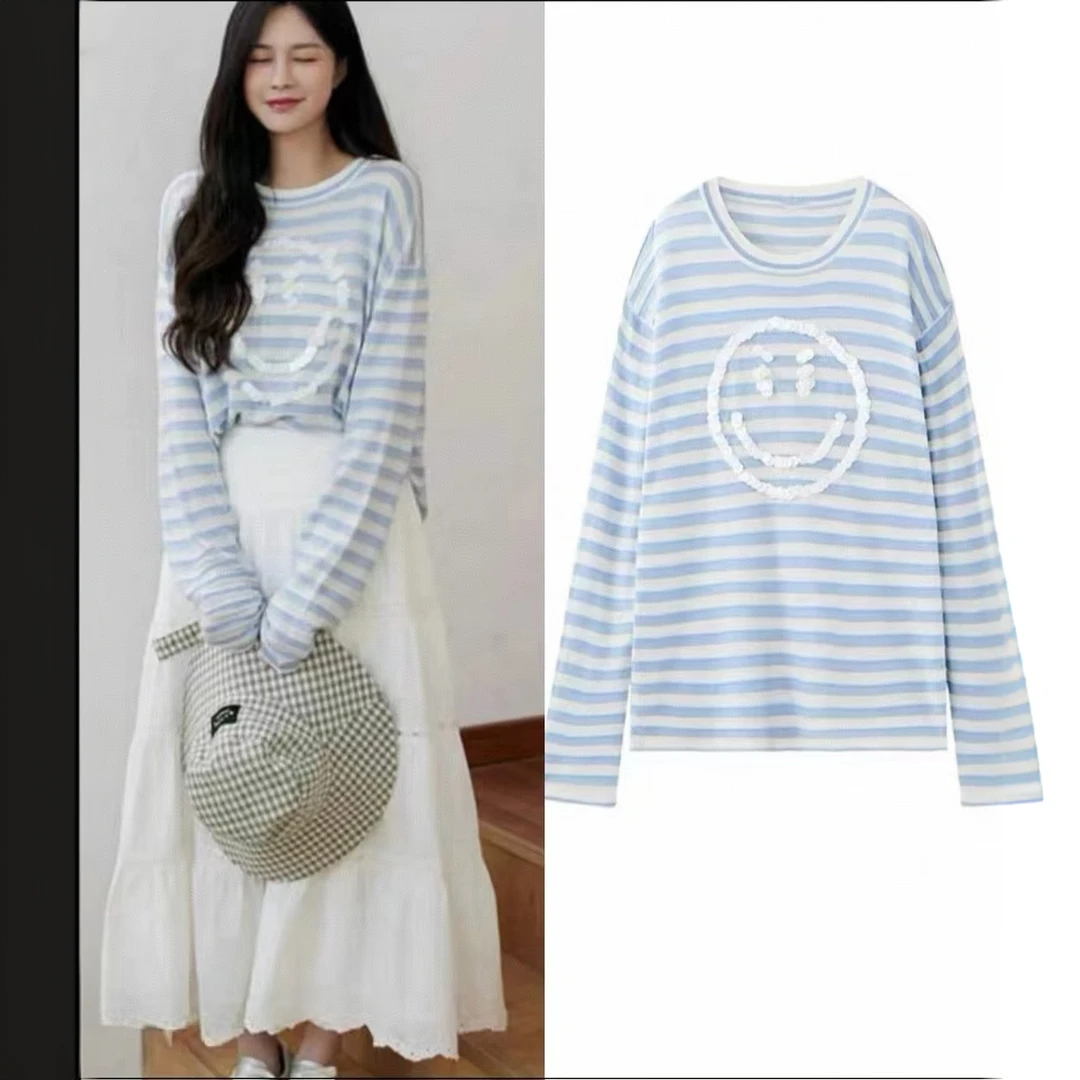 319【绵羊毛+桑蚕丝】长袖T女少女风手工钉珠笑脸蓝白条纹休闲上衣