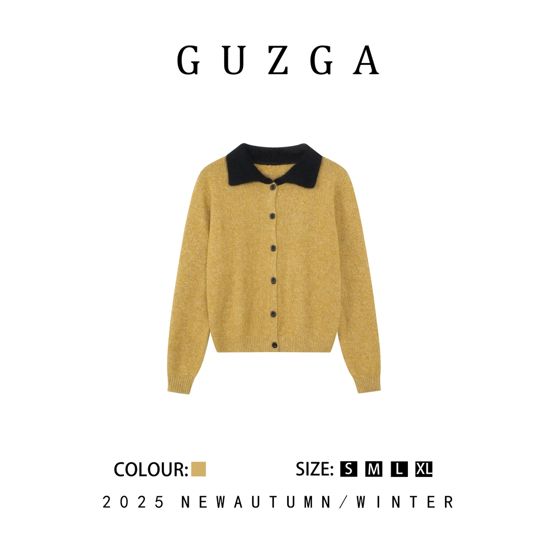 GUZGA【一代容华】2025春季新款姜黄色撞色翻领针织开衫时尚百搭