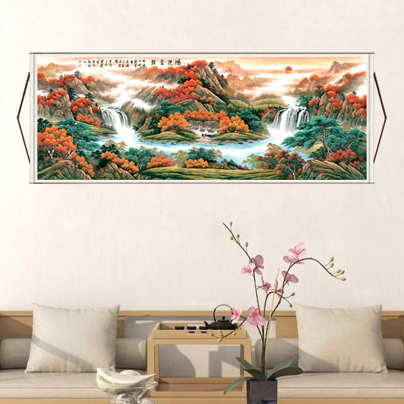 《鸿运当头》大气背景墙横幅挂画国风山水靠山风景装饰画S8装裱高档