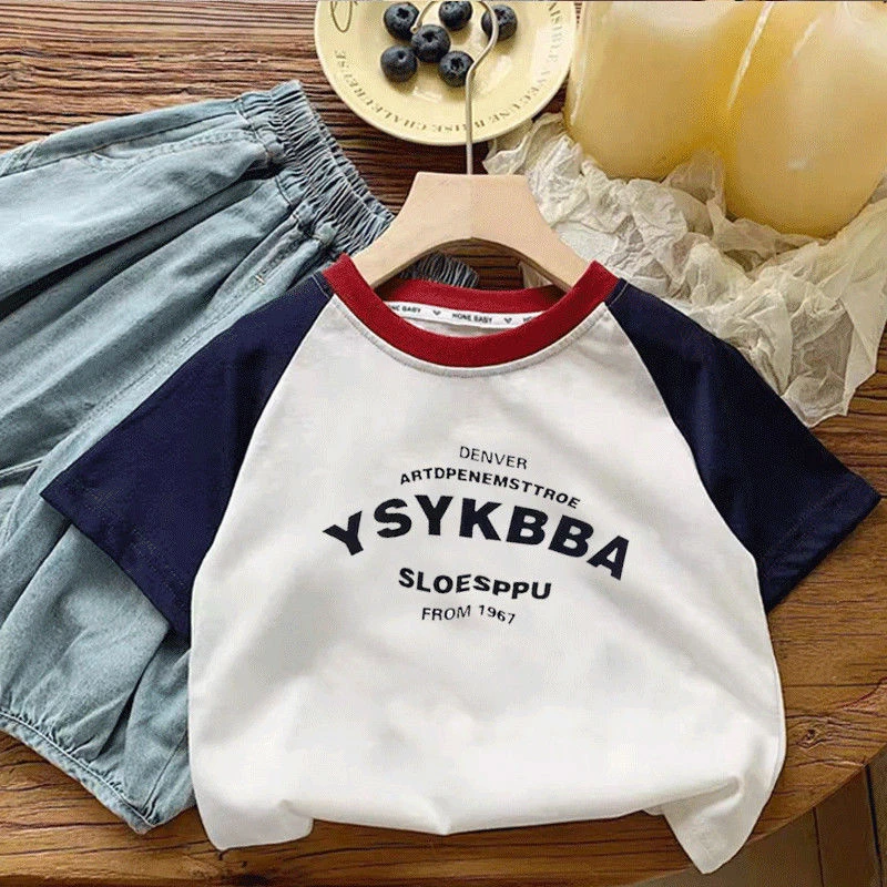 儿童100纯棉字母拼接新款短袖T恤百搭夏季男女宽松休闲上衣