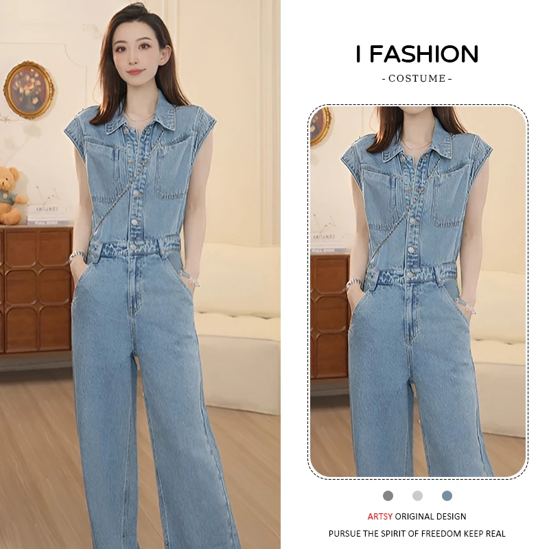 美式复古时尚工装无袖牛仔连体裤女2025年夏季新款显瘦高腰裤子潮