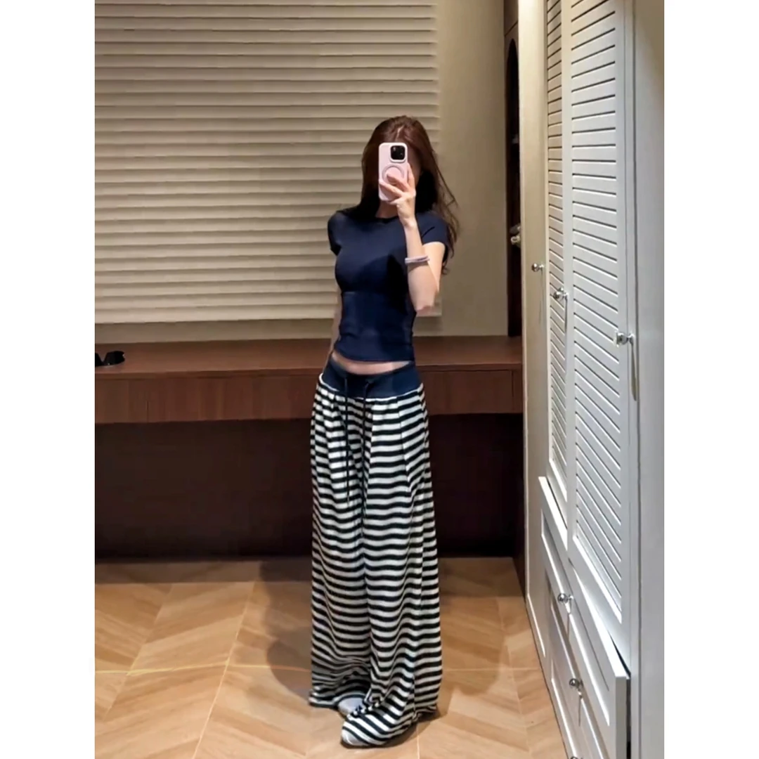 180高个子175加长藏青条纹阔腿裤女设计感高腰垂感宽松休闲拖地裤