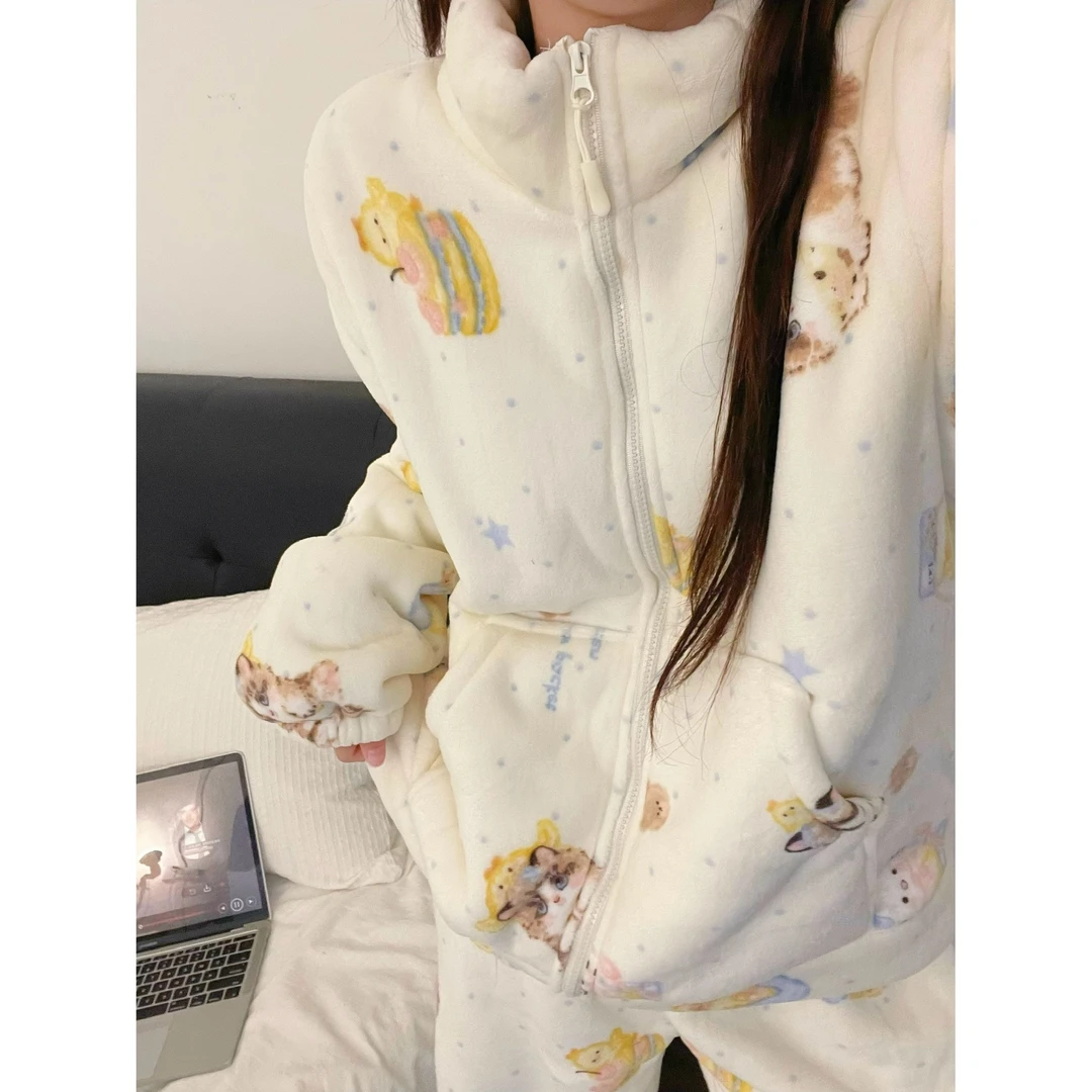 甜美软糯卡通法兰绒睡衣女冬季新款加绒加厚保暖套装家居服可外穿