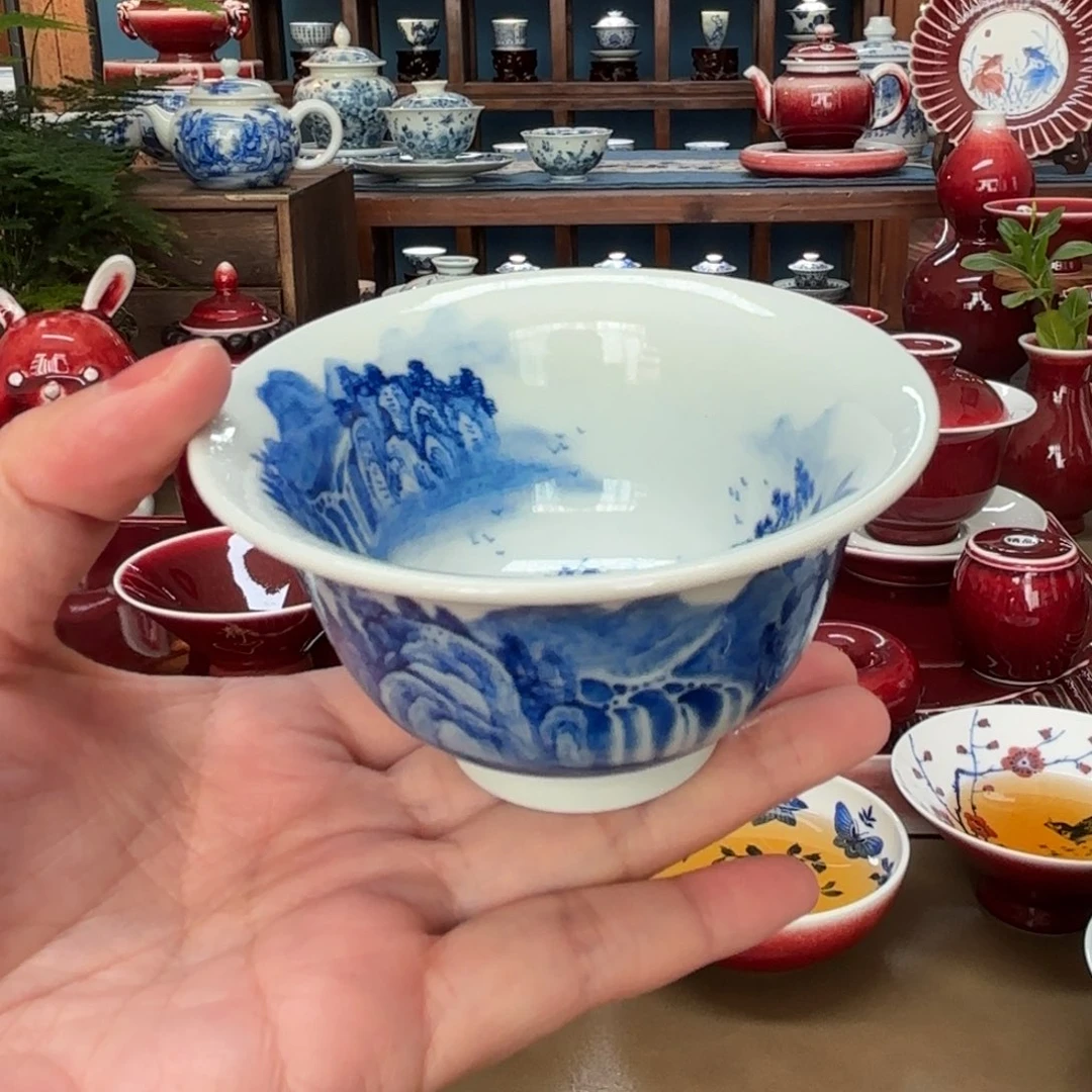 闻轩坊柴窑，满绘山水压手杯