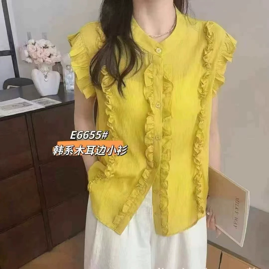 6655木耳边单排扣小飞袖衬衫女夏季新款时尚减龄百搭短袖小衫上衣