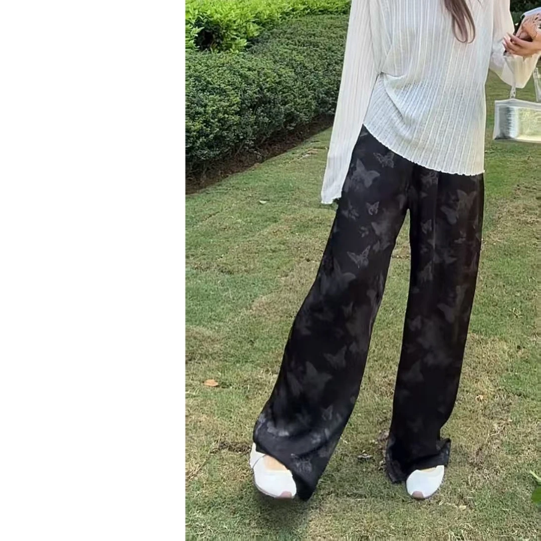 墨迹姐高个子加长“黑蝴蝶满印”松紧腰垂感显瘦凉凉直筒拖地裤女