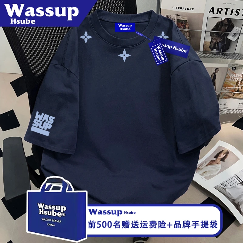 WASSUP HSUBE美式休闲藏青纯棉短袖ins夏创意印花上衣男女百搭T恤