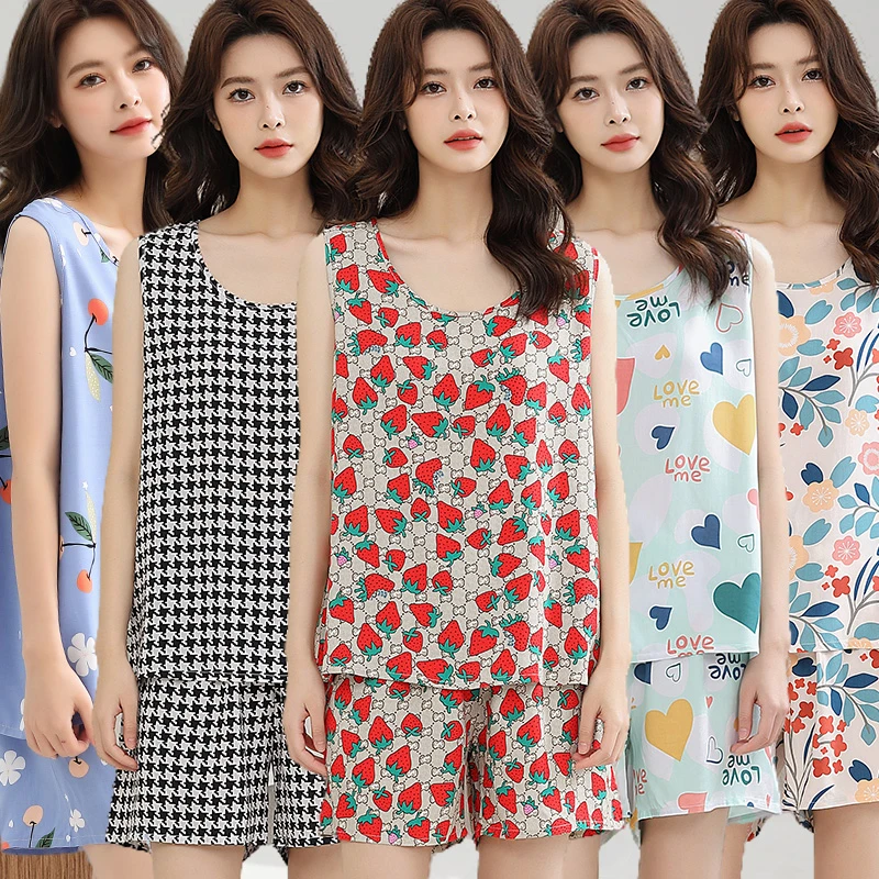 夏季无袖背心棉绸睡衣短袖两件套装女夏天吊带薄款人造棉家居服