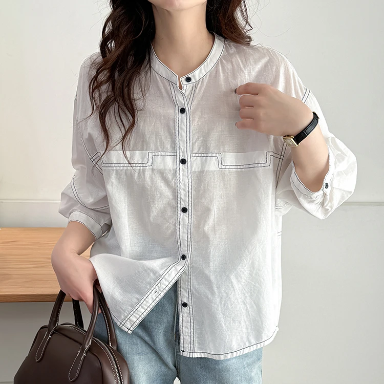 千百蔚时尚夏季休闲风落肩袖纽扣纯色衬衫小众上衣非正式学院风