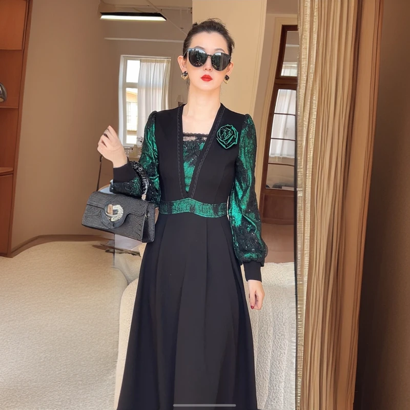 《丹尚爱》轻奢时光高贵黑色撞色显瘦气质法式长袖优雅春秋连衣裙