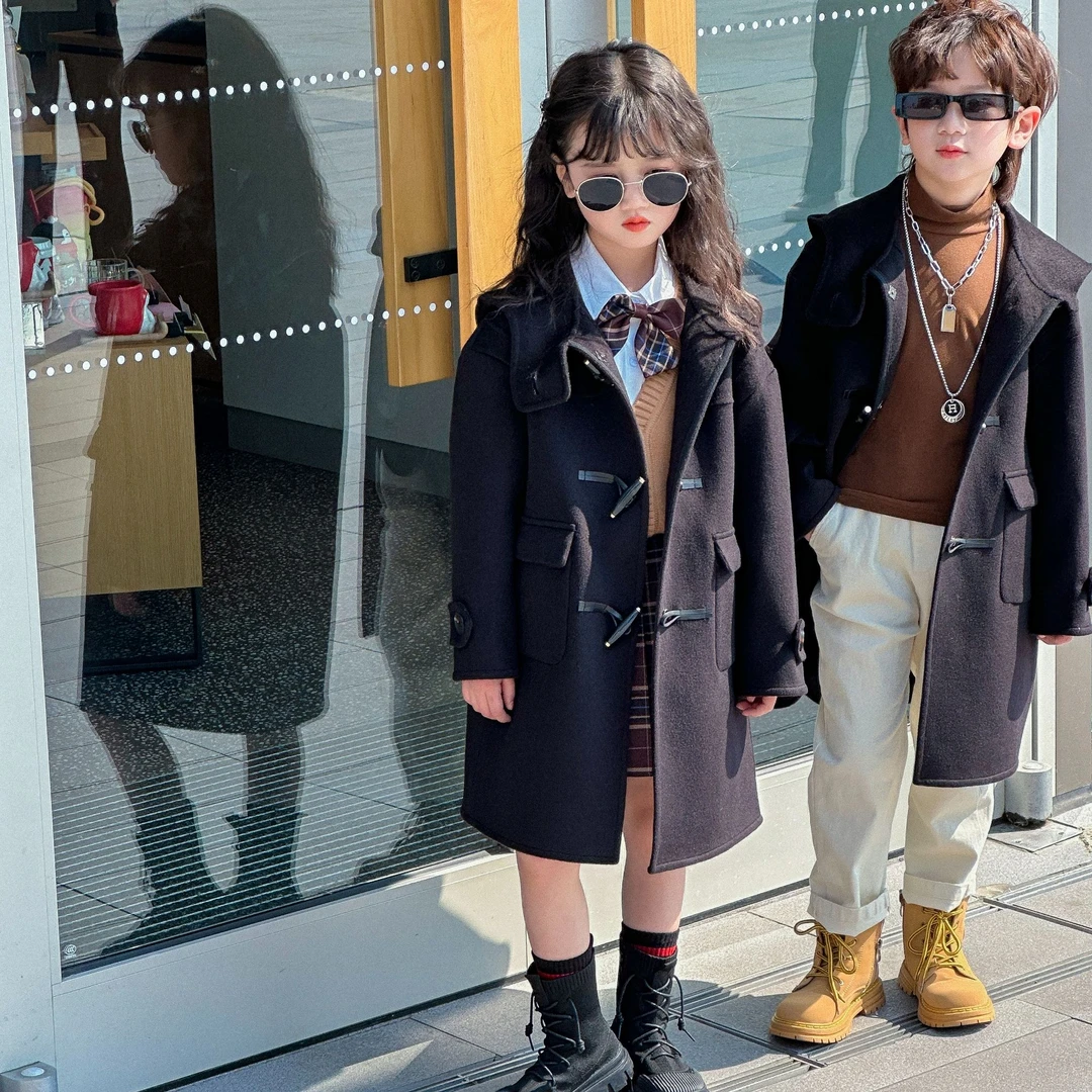 100%羊毛奶茶高定童装双面羊毛大衣中性款外套毛呢驼色大衣连帽