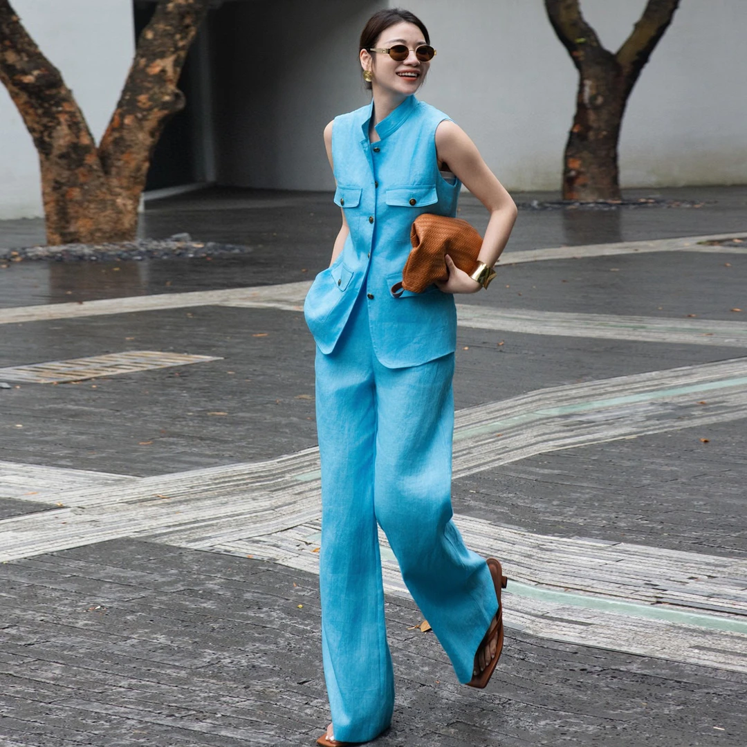 2025夏季英伦气质老钱风高级休闲感亚麻马夹阔腿裤套装女装两件套