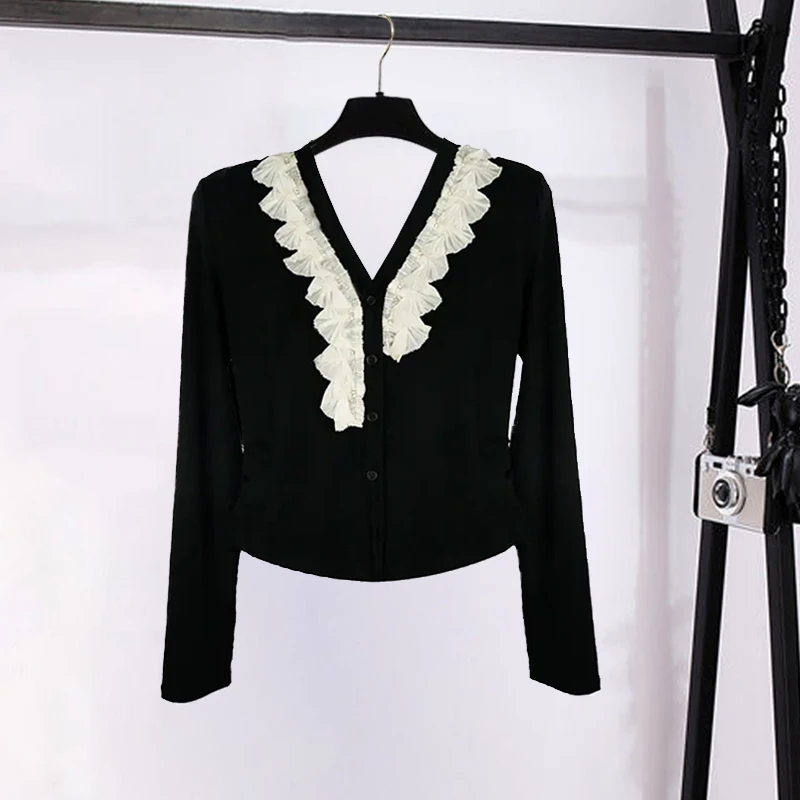 小众拼接蕾丝衬衫女春季高级设计感收腰显瘦时尚法式V领长袖上衣