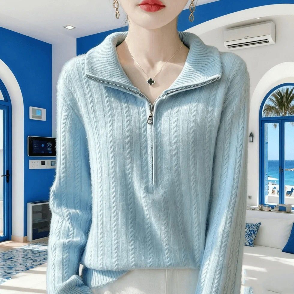 鄂尔多斯市羊绒衫女款半拉链半高领时尚减龄厚款上衣针织羊毛衫女