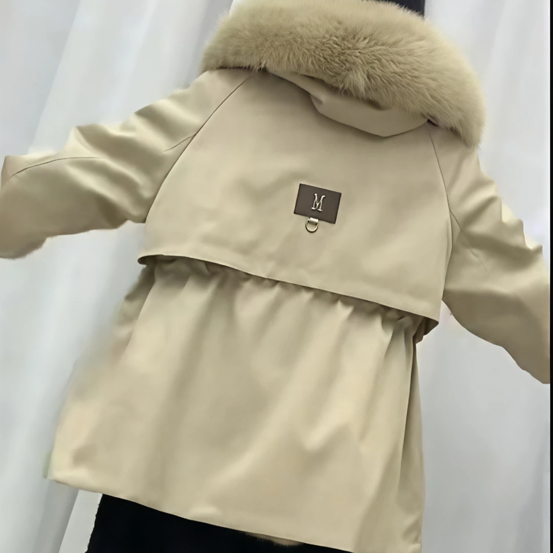 女士冬季加绒可拆卸内胆时尚洋气大毛领派克棉服外套