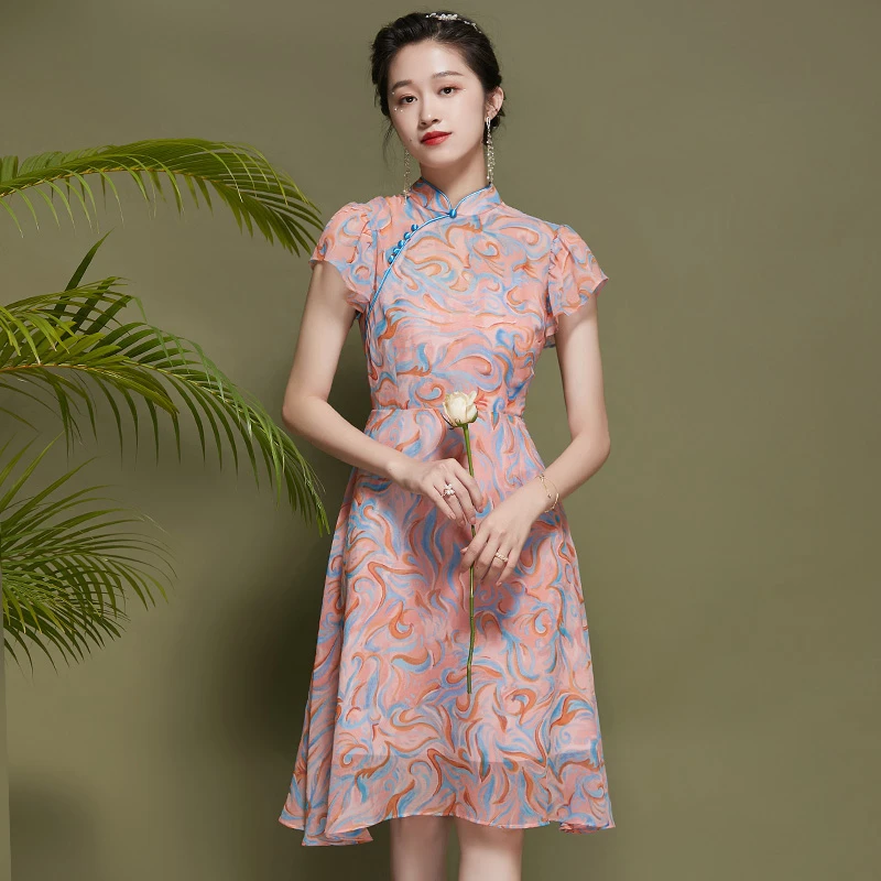 反季清 中国风旗袍改良版连衣裙夏季新款荷叶袖日常雪纺裙子