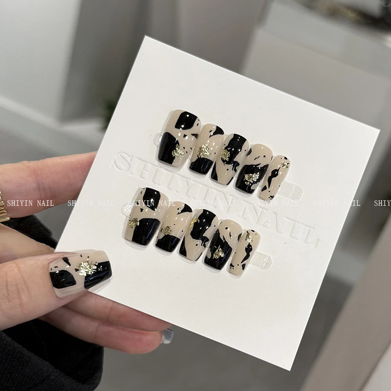 CPY-64黑白泼墨金箔美甲片时尚穿戴甲网红新款中方显白短款可拆卸
