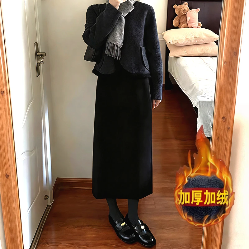 黑色加绒加厚毛呢半身裙秋冬女高腰显瘦开叉a字中长款直筒包臀裙