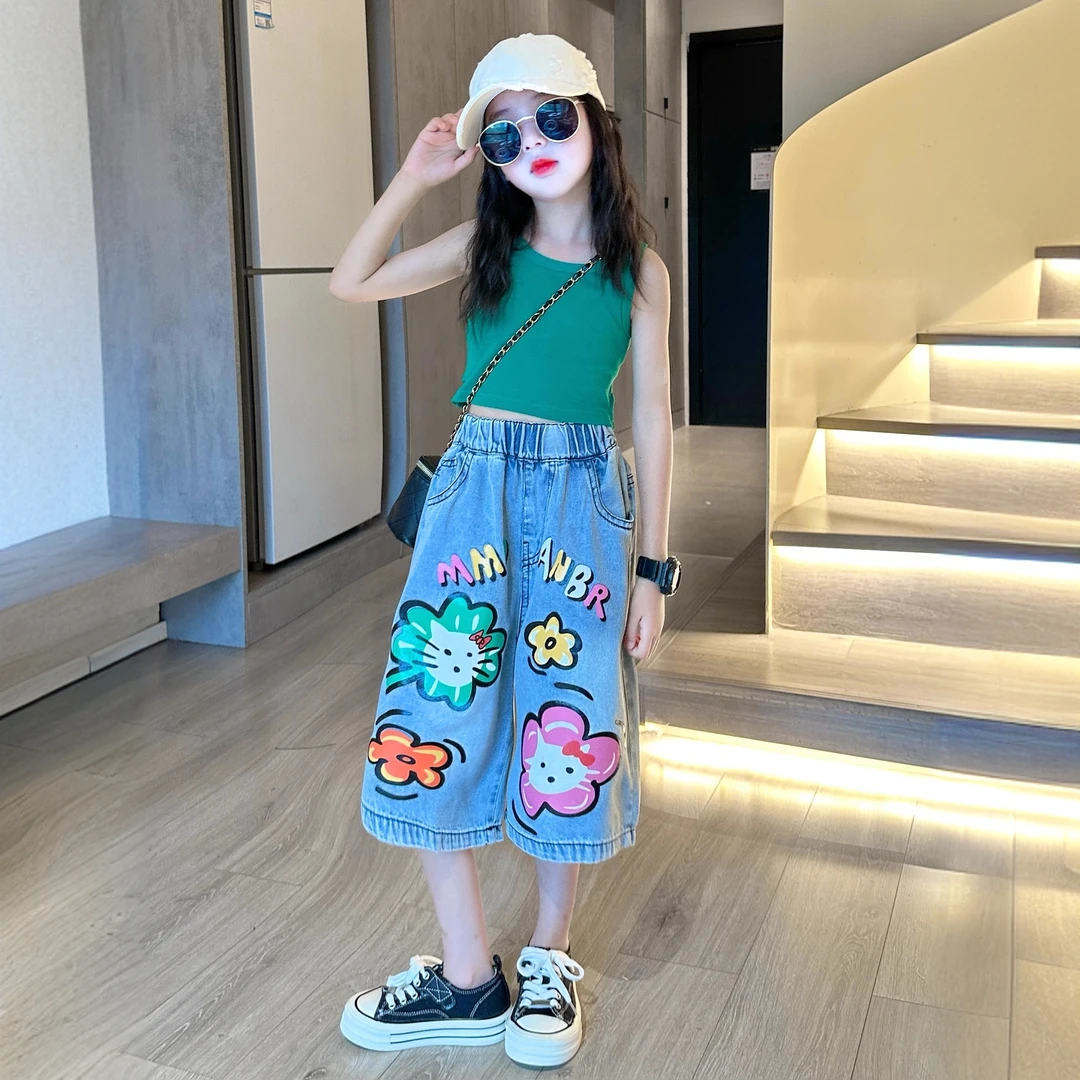 女童夏季套装2025新款儿童洋气夏装背心中大童休闲牛仔短裤两件套