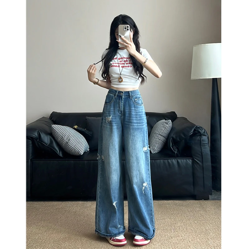 乔栈美式复古蓝破洞阔腿牛仔裤女秋季新款高腰宽松薄款透气直筒裤