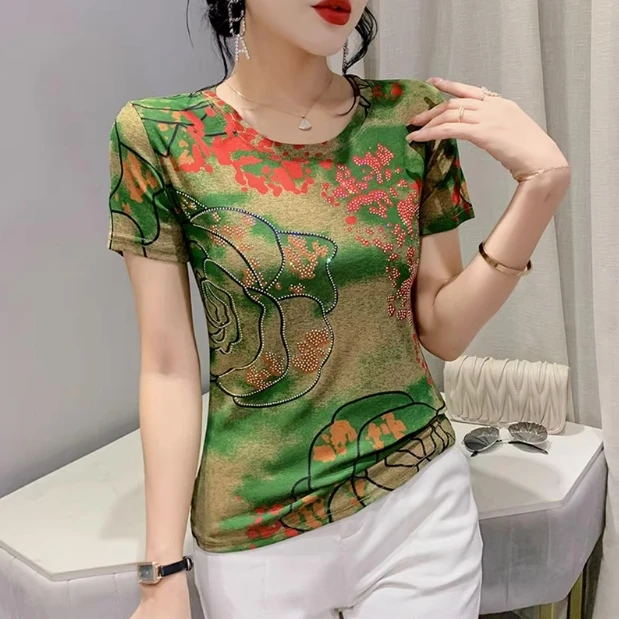 【夏季新款】夏日梅玫欧货定位印花烫钻洋气V领短袖T恤T2422