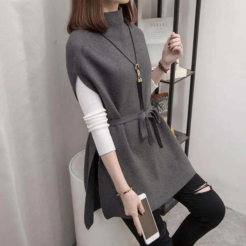 春秋新款女装修身显瘦半高领针织衫女打打底衫马甲中长款两件套潮