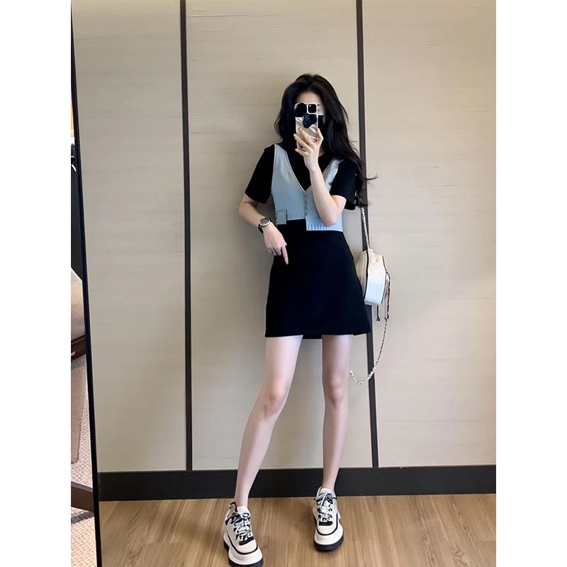 女装高级感春夏季法式假两件小个子牛仔连衣裙2025新款裙子女夏天