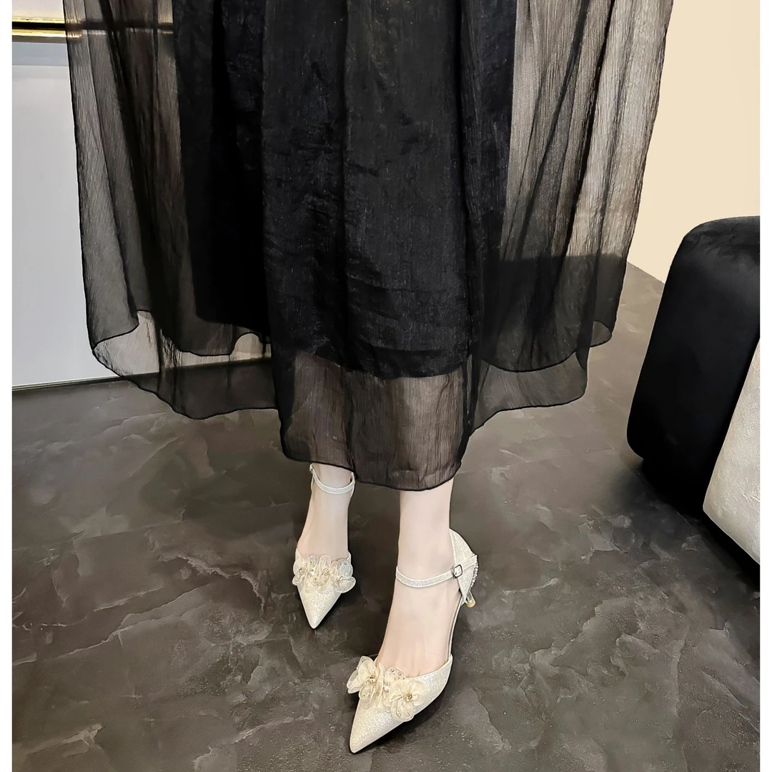 BaiLing/百翎2025春季新款包头时尚高跟水钻尖头中空单鞋气质