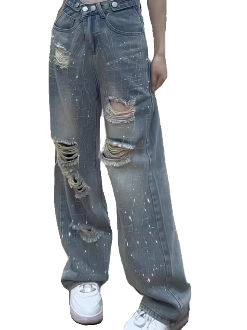 烫钻破洞高腰阔腿牛仔裤女2025春夏新款设计感乞丐宽松显瘦直筒裤