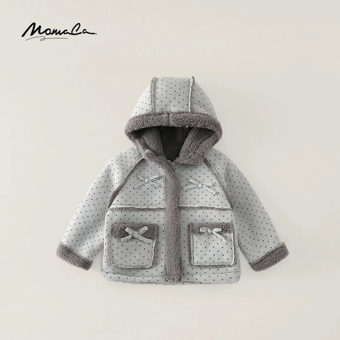 MOMOCO女童冬季新款保暖麂皮绒粉波点连帽棉服外套77830120009