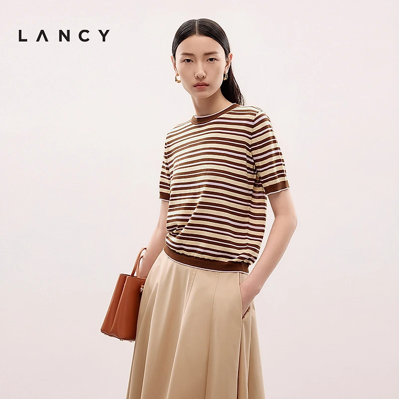 LANCY/朗姿2025夏新款丝棉撞色条纹圆领短袖针织衫T恤女简约百搭