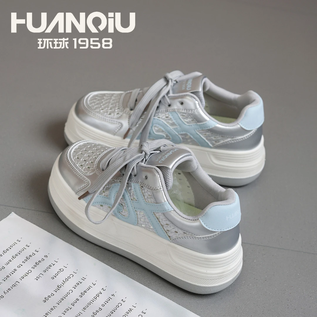 HUANQIU/环球2025夏季新款舒适百搭网面透气鞋厚底增高休闲运动鞋