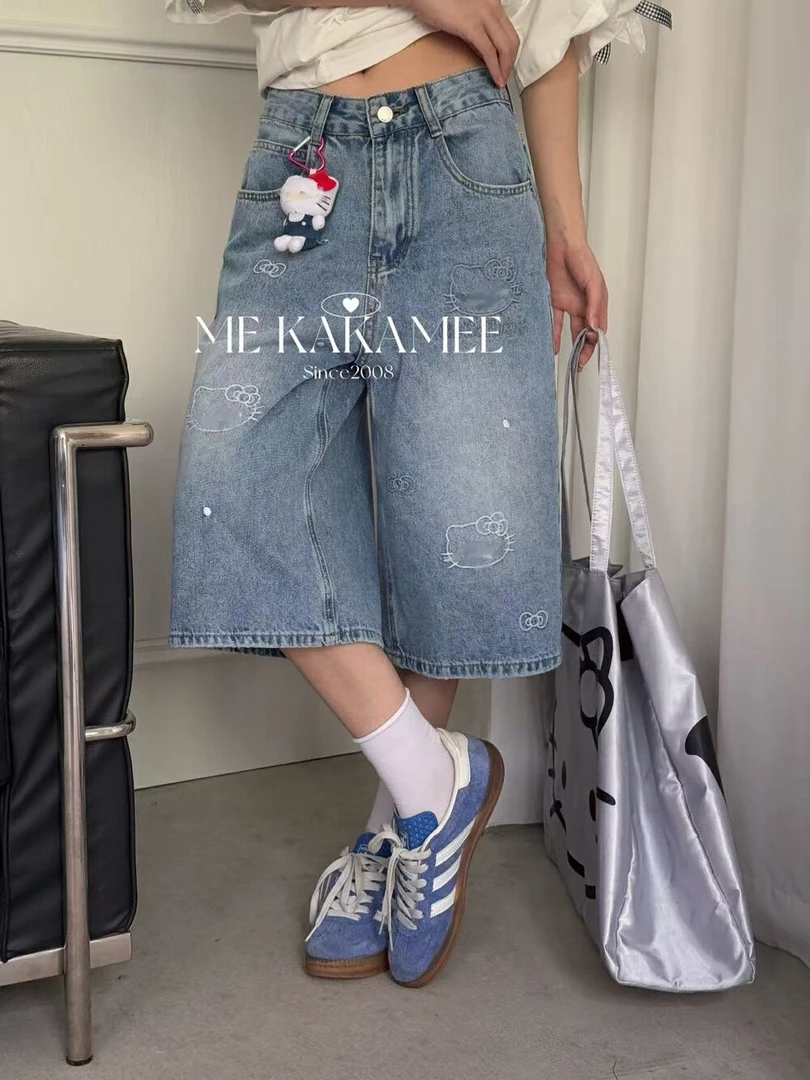 夏季百搭立体绣KT休闲直筒七分牛仔裤宽松薄款裤子阔腿配KT挂件