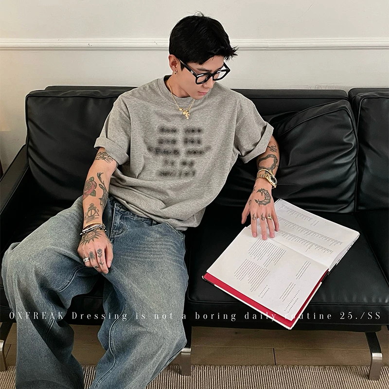 OXFREAK 「晕染字母 脏话标语」300G重磅纯棉短袖t恤男宽松五分袖